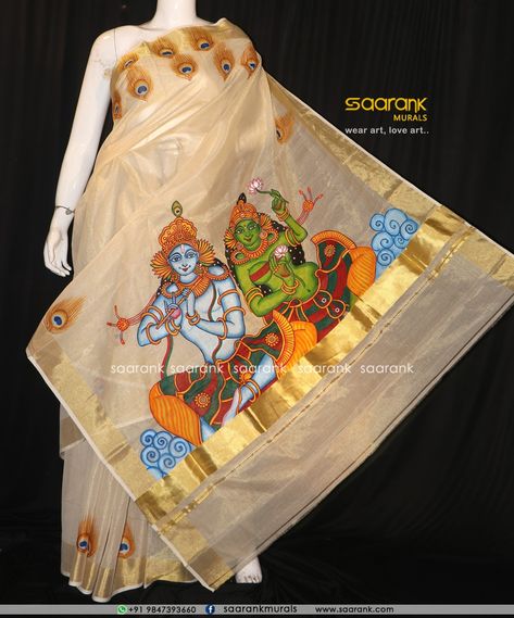 Krishna and Radha Saree - Handloom Tissue Kerala Saree Style - Mural painting by hand Whatsapp +91 9847393660 Tissue Kerala Saree, Plane Saree, Krishna And Radha, Saree Painting Designs, Saree Painting, Pattu Saree Blouse Designs, Kerala Mural Painting, Saree Blouse Neck Designs, Kerala Saree