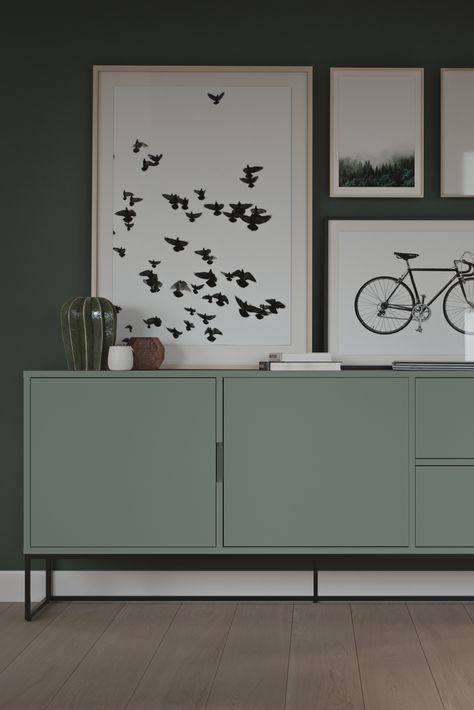 Lipp sideboard in colour Misty green Contemporary Sideboard Design, Sage Green Sideboard, Sideboard Alternative, Sage Sideboard, Dining Room Sideboard Ideas Modern, Coloured Sideboard, Sideboard Designs Modern, Sideboards Living Room Inspiration, Tv Stand Green