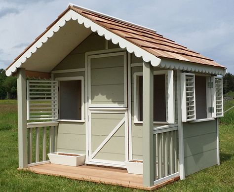 Playhouse Exterior, Unique Raised Garden Beds, Cottage Playhouse, Covered Front Porch, Playground Landscaping, Cedar Shingle Roof, Cedar Roof, Wood Shingles, Wooden Playhouse