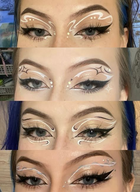 Raiders Makeup Ideas, Graphic Eye Shadow, Rave Outfits Lost Lands, Space Rave Makeup, Rave Graphic Liner, Rave Eyeliner Looks, Ashniko Concert Outfit, Graphic Liner With Gems, Rauw Alejandro Makeup Ideas