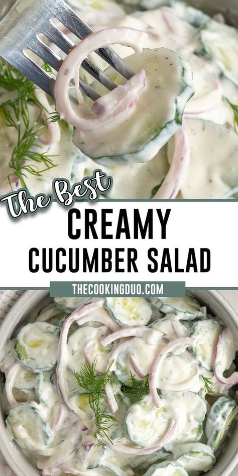 Looking for a fast and refreshing salad fix? You've got to try this Creamy Cucumber Salad! With just under 10 ingredients, it's all about crunchy cucumbers and tangy sour cream. It's simple, delicious, and the perfect sidekick for any meal! Cucumbers And Sour Cream, Cucumber Recipes Easy, Easy Creamy Cucumber Salad, Creamed Cucumber Salad, Cucumber Salad Dressing, Easy Cucumber Salad, Creamed Cucumbers, Cucumber Salad Recipe, Creamy Cucumber Salad