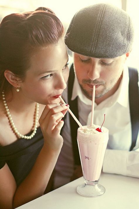 A 50's Retro Diner Engagement minus actually dressing retro.. Super cute!! Love the milkshake 50s Photoshoot, Vintage Engagement Photos, 50s Diner, Vintage Couples, Vintage Photoshoot, Retro Diner, Retro Photo, Wedding Engagement Photos, Engagement Pics