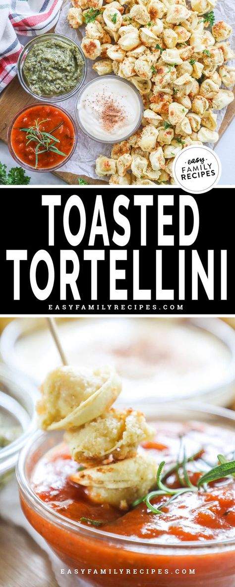 Crispy Toasted Tortellini is the perfect oven baked appetizer to serve for the holidays! Toasted Tortellini, Tortellini Recipe, Best Holiday Appetizers, Tortellini Bake, Tortellini Recipes, Appetizers For A Crowd, Seasoned Bread Crumbs, Party Appetizers Easy, Cheesy Pasta