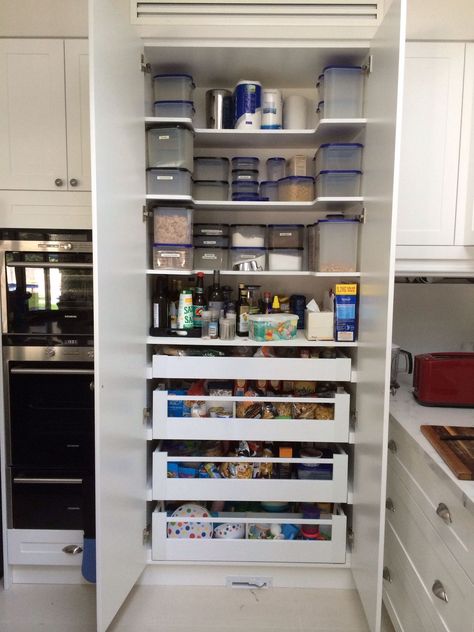 Pantry Redo, Kitchen Galley, Pantry Drawers, Kitchen Pantry Ideas, House Improvement, Built In Pantry, Desain Pantry, Pantry Cabinets, Pantry Cupboard