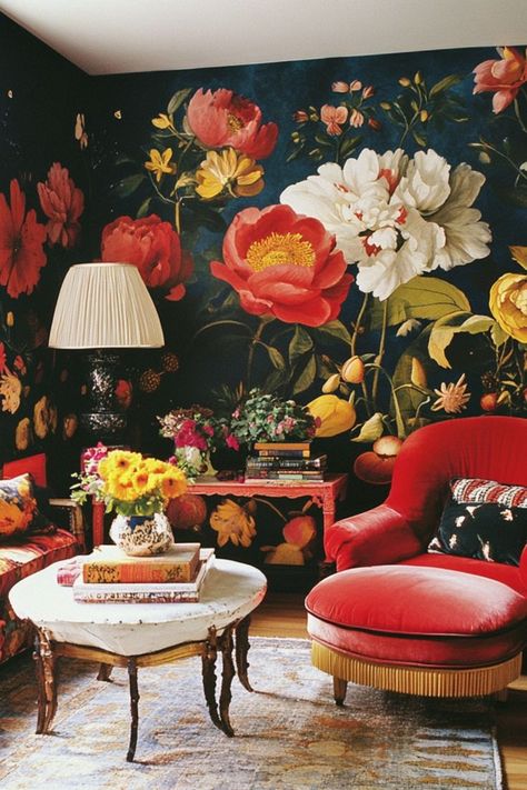 Make a statement with bold floral wallpaper that adds color and personality. #FloralWallpaper #BoldInteriors #WallDecor Table Bedroom Ideas, Bold Floral Wallpaper, Floral Wallpaper Ideas, Pattern Interior Design, Blinds Living Room, Oversized Prints, Modern Floral Wallpaper, Light Window Treatments, Tv Living Room