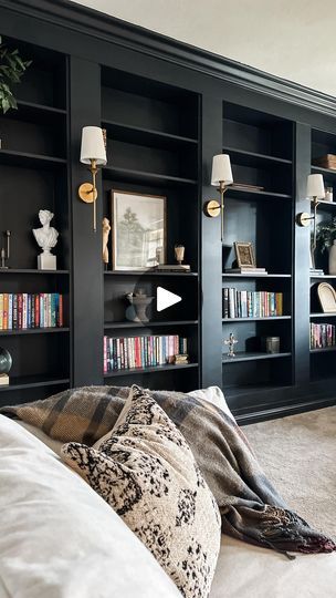 Home Library Ikea Hack, Black Ikea Billy Bookcase Hack, Library Wall Living Room, Wall Of Bookcases, Black Home Library, Billy Ikea Ideas, Black Library Room, Diy Bookcase Wall, Dark Built Ins Living Room