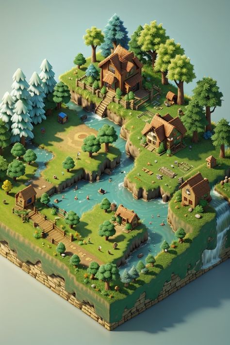 isometric view, grass land, fantasy 3d environment Isometric Fantasy Map, Environment 3d Art, Low Poly Environment Landscapes, Game Map Concept Art, Isometric Illustration Landscape, Low Poly Art Illustration, 3d Environment Design, 3d Environment Concept Art, Forest Isometric