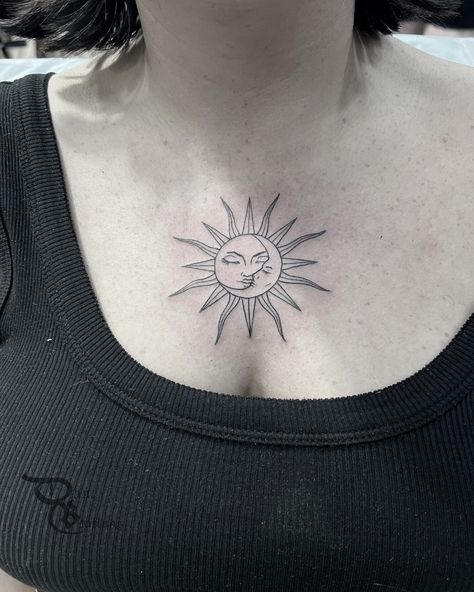 Fine Line Sun and Moon Chest Tattoo Moon And Sun Chest Tattoo, Sun Tattoo On Chest, Chest Sun Tattoo, Sun Chest Tattoo Female, Sun And Moon Chest Tattoo, Sun Tattoo Chest, Sun Chest Tattoo, Hippie Sun Tattoo, Moon Chest Tattoo