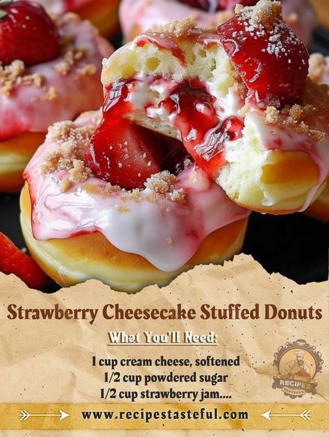 Strawberry Cheesecake Stuffed Doughnut, Strawberry Cheesecake Donut, Stuffed Doughnut, Cheesecake Donut, Emma Food, Powdered Sugar Recipes, Cheesecake Filled Strawberries, Anne Burrell, Magical Food