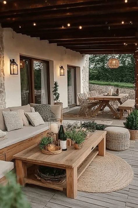 Long Deck Decorating Ideas, Cosy Outdoor Spaces, Wooden Terrace Ideas, Cute Terrace, Small Outdoor Deck Ideas, Wooden Gazebos, Garden Provence, Cozy Patio Ideas, Patio Cozy