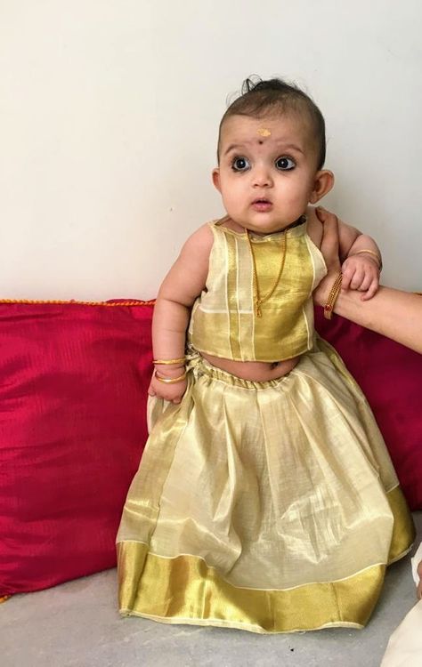 Onam Dress For Baby Girl, Onam Photoshoot Ideas, Blueberry Dress, Traditional Baby Dresses, Kerala Dress, Onam Dress, Pattu Pavada, Onam Outfits, Kids Ethnic Wear