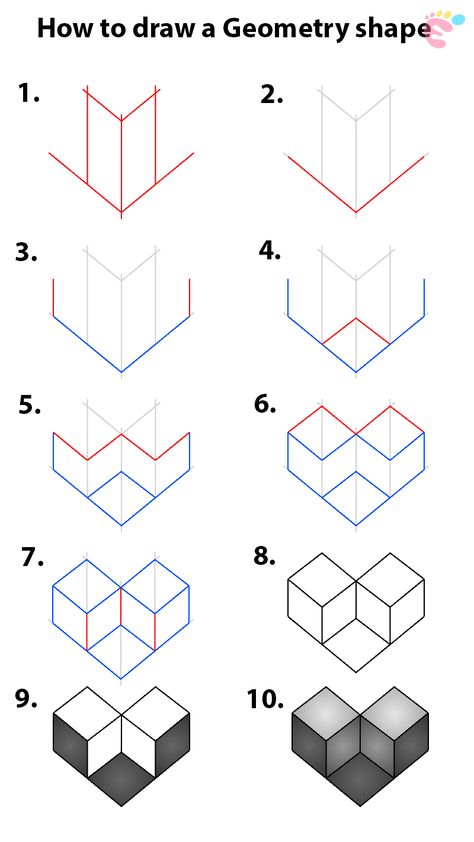 Shape Drawings Art, 3d Geometric Shapes Drawing, 3d Shapes Drawing, Practice Drawing Shapes, Isometric Drawing Exercises, Geometric Shapes Drawing, Numbers Typography, 3d Geometric Shapes, Optical Illusion Drawing