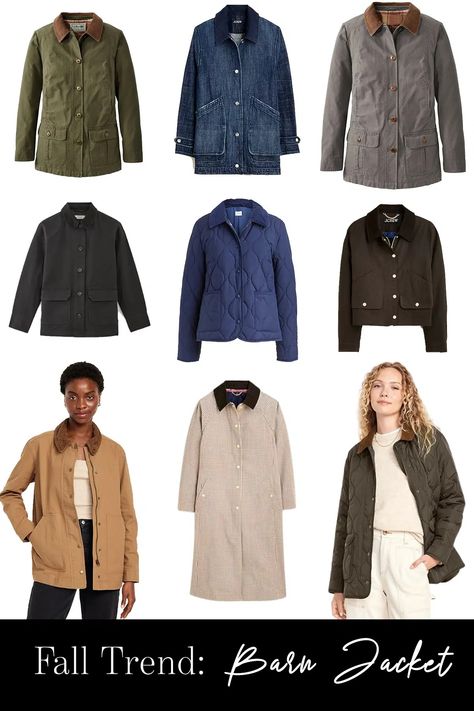 The barn jacket (sometimes also called a "chore coat") is a countryside-inspired jacket that has quickly become a go-to for women this fall. Barn Coat Outfit, Barn Coat, Barn Jacket, Fall Trend, Outfit Collage, Fitted Turtleneck, Chore Coat, Stylish Jackets, Coat Outfits