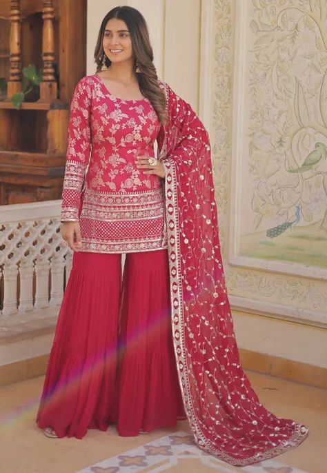 Embroidered Georgette Pakistani Suit in Fuchsia Pink Sharara Suit, Pink Sharara, Wedding Salwar Kameez, Lehenga Crop Top, Lehenga Choli Wedding, Rani Pink, Floral Lehenga, Embroidered Sarees, Party Wear Lehenga Choli