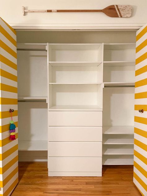 Maximize space in a reach-in closet by adding a closet dresser and easy DIY closet shelves! This tutorial can save you thousands of dollars by doing it yourself, rather than hiring an expensive installation company or purchasing a closet system. Diy Walk In Closet With Dresser, Build In Dresser In Closet, Diy Dresser In Closet, Ikea Dresser Hack Closet, Closet Shelves And Drawers, Closet Designs With Drawers, Ikea Hack Closet Organization, Kids Closet Built Ins, Ikea Dresser Closet