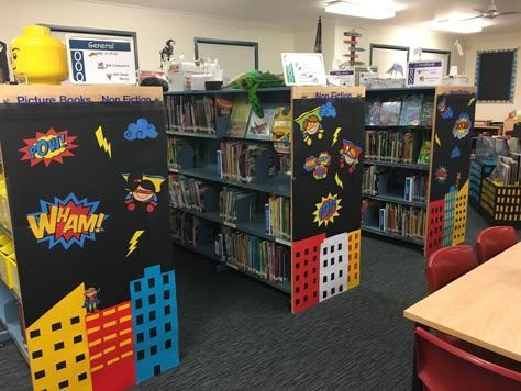 BookWeek 2019 Superhero Office Theme, Super Readers Bulletin Board, Bookfair Themes, Superhero Book Fair, Superhero School Theme Bulletin Boards, Superhero Library Theme, Books To Movies Library Displays, Superhero Books, Read A Thon