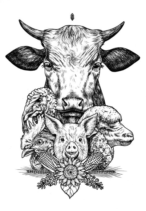 Agriculture in a drawing by nanazsuzsi.deviantart.com on @DeviantArt Farm Animals Art, Farm Tattoo, Animal Sleeve Tattoo, Vegan Tattoo, Farm Logo, Animals Art, Arte Animal, Animal Tattoos, A Drawing