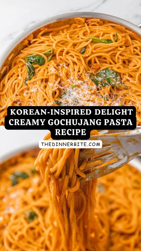 Get ready to experience a burst of flavors with this Korean-inspired Delight Creamy Gochujang Pasta Recipe! Made with rich cream, spicy gochujang paste, chewy rice pasta, and aromatic garlic, it's the perfect comfort meal that will leave you craving more. Gochujang Recipe Pasta, Korean Rose Pasta, Creamy Korean Noodles, Creamy Gochujang Pasta, Gochujang Noodles Recipe, Korean Pasta Recipes, Recipes With Gochujang Paste, Korean Gochujang Recipes, Gochujang Spaghetti