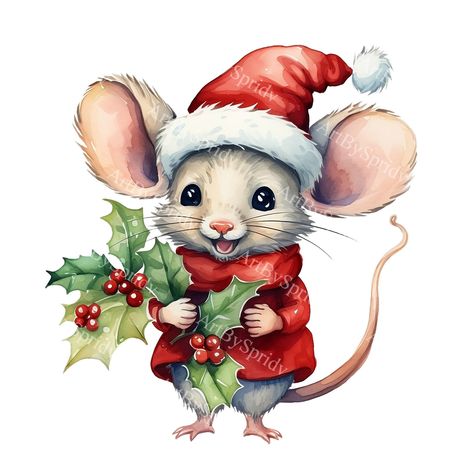 Christmas Animal Coloring Pages, Christmas Mouse Painting, Christmas Mouse Drawing, Christmas Mouse Illustration, Christmas Mouse Pattern, Cute Christmas Clipart, Maus Illustration, Santa Mouse, Animal Clip Art