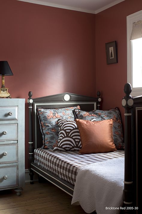 Brick Bedroom! Color Used: Bricktone Red Heritage Paint Colours, Red Wall Paint, Guest Room Colors, Red Accent Wall, Heritage Paint, Most Popular Paint Colors, Red Paint Colors, Tufted Furniture, English Interior