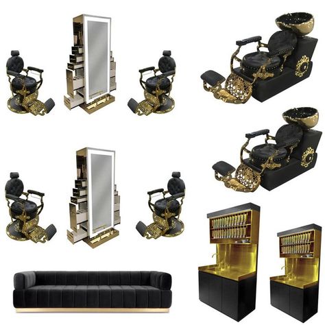 Black And Gold Salon, Luxury Barbershop, Saloon Chair, Gold Salon, Salon Mirrors, Double Sided Mirror, Furniture Packages, Salon Equipment, Salon Furniture