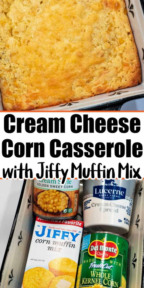 Jiffy cream cheese corn casserole no Ritz crackers needed is here! Tender corn souffle recipe with canned vegetables, muffin mix and cheese. Corn Pudding With Cream Cheese, Corn Casserole With Cream Cheese, Cream Cheese Corn Casserole, Corn Cream Cheese, Corn Soufflé Recipe, Casserole With Cream Cheese, Cheese Corn Casserole, Cheesy Corn Casserole, Corn Souffle