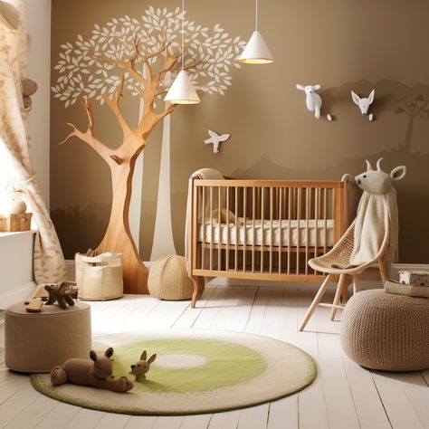 This theme brings the outdoors inside with a woodland-inspired nursery. Natural wood furniture, forest animal prints, and earthy tones make the room feel cozy and nurturing. Incorporate tree-themed wall decals and plush woodland creatures for a playful touch. Yellow Woodland Nursery, Nursery Natural Wood, Forest Playroom, Male Room Ideas, Wonderland Nursery, List Of Aesthetics, Woodland Wonderland, Forest Room, Newborn Room