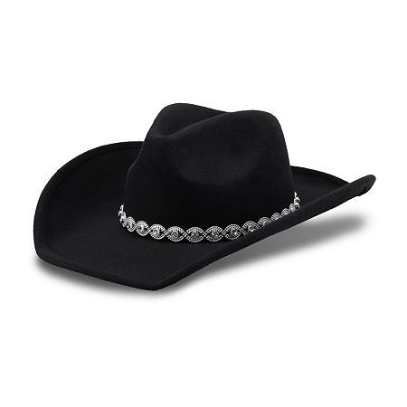 Add western-inspired flair to your wardrobe with the Jessica Simpson women's cowboy hat with rhinestone band. The classic cowboy hat silhouette makes a statement with a unique embellished rhinestone band, making it an eye-catching style. Whether you're attending a country concert, exploring the great outdoors or simply going to a casual outing, this hat adds the perfect finishing touch to any outfit. One size fits most with an interior adjuster to get the perfect fit. Base Material: 100% WoolLi… Cowboy Hat Silhouette, Womens Cowboy Hat, Cowboy Hat Black, Hat Silhouette, Hats Cowboy, Classic Cowboy, Country Concerts, Country Concert, Cowboy Hat