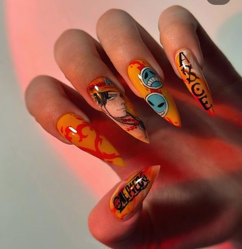 Zoro Inspired Nails, One Punch Man Nails, Ace Nails One Piece, Ace One Piece Nails, One Piece Anime Nails Designs, One Piece Nail Art Luffy, One Piece Nails Design, Zoro Nail Art, One Piece Inspired Nails