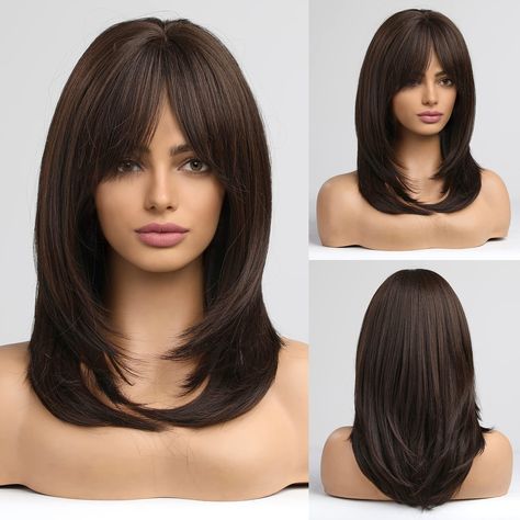 Short Wavy Bob, Short Wavy, Brown Wig, Long Layered Hair, Long Straight Hair, Wigs With Bangs, Layered Haircuts, Blonde Highlights, Trendy Hairstyles