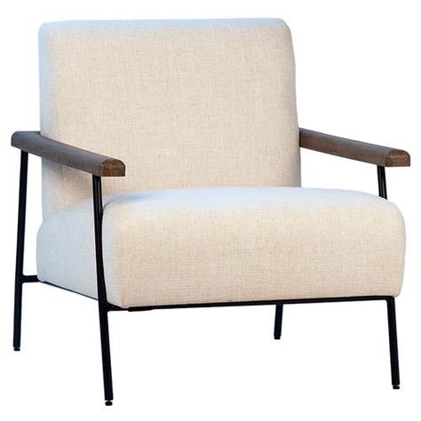 Dexter Brown Wood Armrest White Upholstered Black Iron Occasional Chair Modern Occasional Chairs, Dovetail Furniture, Plush Chair, Chair Design Modern, Occasional Chair, Modern Armchair, Black Legs, Hand Crafted Furniture, Retail Furniture