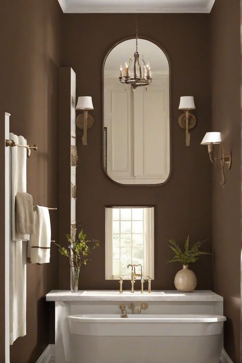 bathroom wall paint ideas,woodland brown interior paint,brown wall paint colors,paint colors for bathrooms Color For Bathroom Walls, Brown Bathroom Paint, Color For Bathroom, Painting Bathroom Walls, Bathroom Wall Colors, Paint Guide, Forest Brown, Neutral Furniture, Bathroom Walls