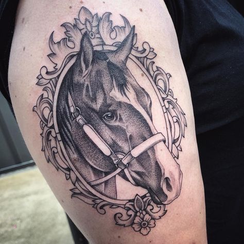 Horse Portrait Tattoo, Country Girl Tattoos, Word Tattoo Ideas, Dog Portrait Tattoo, Horse Tattoo Design, Country Tattoos, Framed Tattoo, Art Flash, Word Tattoo