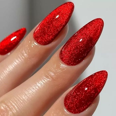 Red Sparkly Christmas Nails Almond, Candy Apple Velvet Nails, Red Magnetic Nails, Glittery Red Nails, Red Dip Nails, Nails For Red Dress, Sparkly Red Nails, Ruby Red Nails, Gel Red Nails