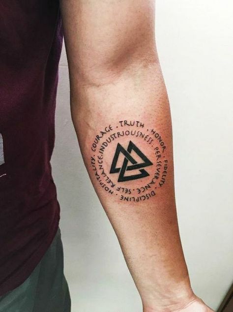 Minimalist tattoo trends for trendy men in 2024 15 ideas Wrist Tattoo For Men Unique, Valknut Tattoo Design, Valknut Tattoo, Wrist Band Tattoo, Warrior Shield, Small Neck Tattoos, Viking Tattoo Sleeve, Protection Tattoo, Tatuagem Masculina Pequena