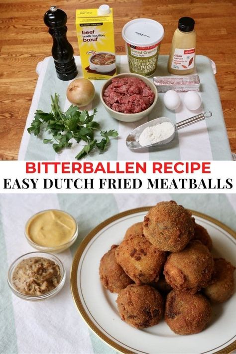 Learn how to make the best traditional Dutch Bitterballen recipe. Our quick & easy authentic meatballs from the Netherlands are deep fried until crisp and served with mustard for dipping. The meatballs are crunchy on the outside and soft on the inside, a popular bar snack in Bali and Amsterdam served with fresh beer. Bitterballen are one of our favourite finger food appetizers to serve at parties and barbecues. Kids and adults love them they are so addictive! Dutch Bitterballen Recipe, Bitter Ballen Recipe, Dutch Recipes Netherlands Traditional, Authentic Meatballs, Bitterballen Recipe, Dutch Dishes, Traditional Dutch Recipes, Belgian Recipes, Typical Dutch Food