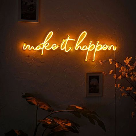 #NeonSigns #BrightIdeas #NeonSignNames #NeonInspiration #NeonRoom #RoomDecor Make It Happen Neon Sign, Neon Light Words, Cool Neon Signs Quotes, Neon Lights Room, Club Signs, Exhibition Signage, Ambiguous Quotes, Neon Sign For Bedroom, Commercial Signs