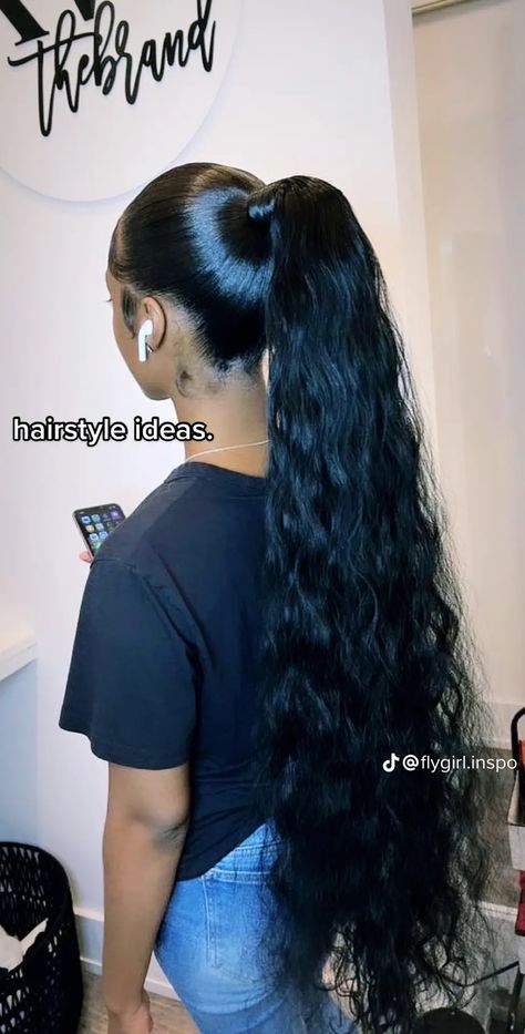 Long Wavy Ponytail Black Women, Loose Deep Wave Ponytail, Track Ponytail, Fake Ponytail Hairstyles, Deep Wave Ponytail, Water Wave Ponytail, Curly Ponytail Weave, Slick Back Ponytail, Back Ponytail