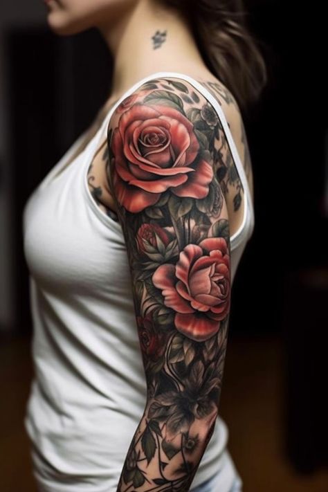 Womens Tattoo Cover Ups, Black Roses Sleeve Tattoo, Upper Arm Tattoo Cover Up Ideas, Color Half Sleeve Tattoo For Women, Upper Half Arm Sleeve Tattoo For Women, Rose And Thorns Tattoo Sleeve, Womens Upper Arm Tattoo Sleeve, Tattoo Sleeve Filler Backgrounds Women, Sleeve Cover Up Tattoos For Women