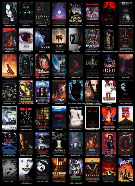 1990s Horror Vampire Movies List, Horror Movie Watchlist, Ultimate Horror Movie List, Horror Movie Titles, 1980s Horror Movie Posters, Horror Movies List, 90s Horror Book Covers, Great Movies To Watch, Slasher Movies