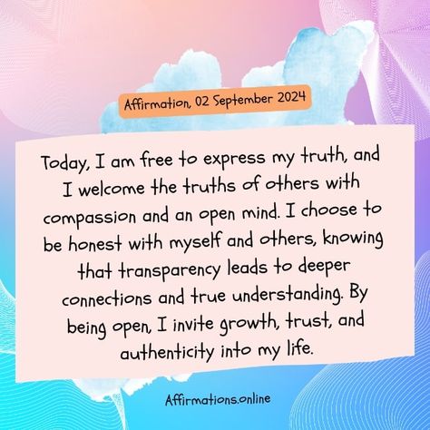 Affirmation, 02 September 2024 | Affirmations.online 2024 Affirmations, Self Esteem Affirmations, List Of Affirmations, Prosperity Affirmations, Health Affirmations, Gratitude Affirmations, Therapy Counseling, Mental Health Resources, Abundance Affirmations