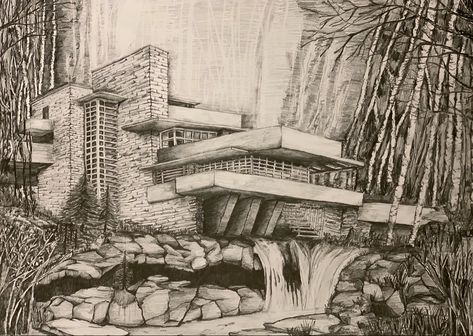 Waterfall House Drawing, Falling Water House Drawing, Fallingwater House, Falling Water Frank Lloyd Wright, Falling Water House, Waterfall House, Architectural Illustration, Architecture Drawing Plan, Rose House