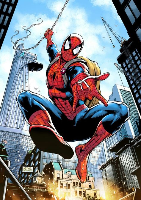 Spiderman with backpack swinging new york Spiderman Tattoo, All Spiderman, Ultimate Spider Man, Spectacular Spider Man, Spiderman Artwork, Marvel Spiderman Art, Ultimate Spiderman, Spiderman Comic, Marvel Comics Art