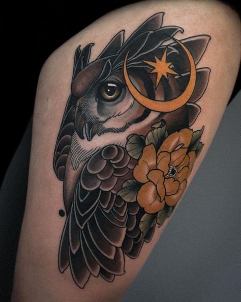 Neo Traditional Owl, Neo Traditional Owl Tattoo, Horned Owl Tattoo, Germany Tattoo, Traditional Owl Tattoos, Owl Tat, American Tattoos, Great Horned Owl, Neo Traditional