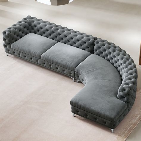 Curved Khaki Sectional Chesterfield Sofa 5-Seater Upholstered Velvet Stainless Steel Leg Sofa With Lounger, Canape Design, Chesterfield Living Room, L Shaped Sofa Designs, Curved Couch, L Sofa, Velvet Chesterfield Sofa, Grey Sectional Sofa, Curved Sectional