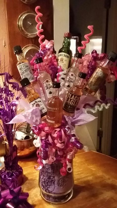 Liquor Bouquet Birthday, Shots Bouquet Alcohol, Bouquet Of Shots, Alcohol Bottle Decorations 21st Birthday, Mini Liquor Bottle Bouquet Diy, Alcohol Bouquet With Flowers, Alcohol Flower Bouquet Mini Bottles, 21st Birthday Bouquet Alcohol, 21 Birthday Bouquet