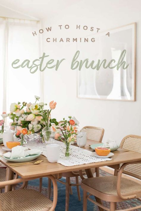 Table setting for Easter with a How to Host an Easter Brunch graphic over the photo. Easter Hosting, Easter Brunch Decorations, Brunch Decorations, Easter Brunch Buffet, Easter Brunch Tablescape, Brunch Easter, Spring Candy, Easter Appetizers, Easter Flower Arrangements