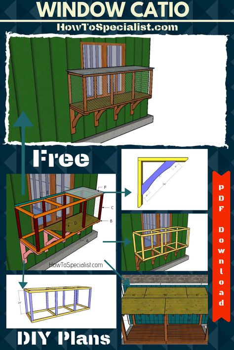 Easy to follow plans for you to build a simple catio for your window. The plans come with step by step instructions, diagrams and a FULL cut / shopping list. PDF download and Print friendly. #cat #catio #windowcatio Catio Plans Diy Easy, Window Catio Ideas For Cats Outdoor, Simple Catio Plans, Catios For Cats Window, Cat House Design, Window Catio, Cat Patios, Cat Catio, Dog Enclosures