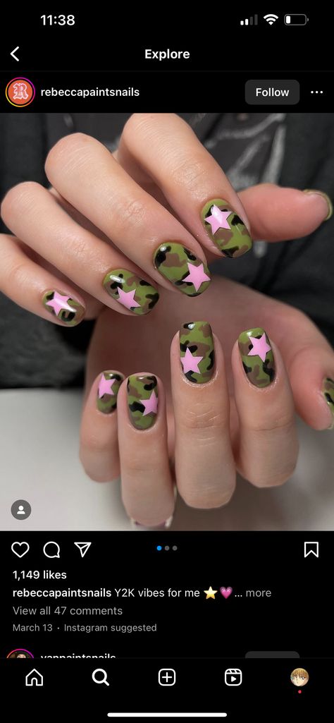 Camo Print Nails, Green Camo Nails, Pink Camo Nails, Camo Nails, Baby Pink Nails, Camo And Pink, Casual Nails, Print Nails, Nail Idea