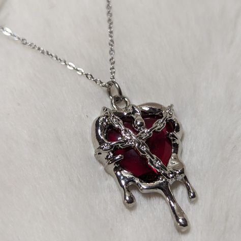 Goth Silver Jewelry, Silver Goth Jewelry, Ethereal Necklace, Silver Gothic Jewelry, Necklaces Heart, Necklace Red, Blood Jewelry, Red Rose Jewelry, Gothic Necklaces